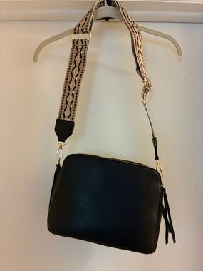 Black Crossbody Bag with Patterned Adjustable Strap vegan leather, used once